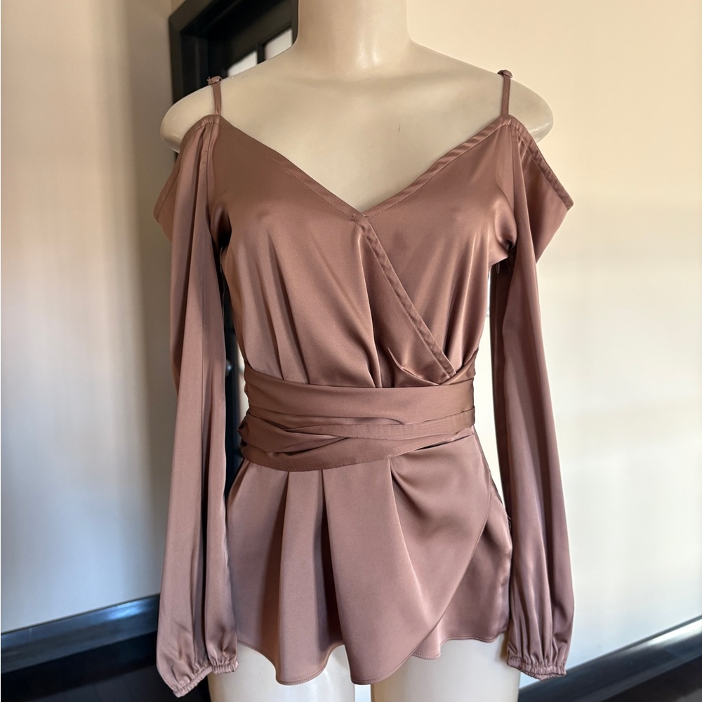 Le Chateau Off-Shoulder Satin Blouse in Brown